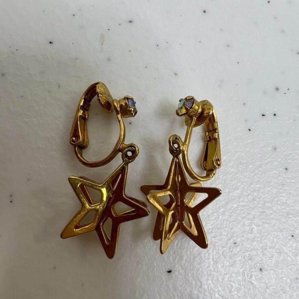 Star Clip On Earrings Dangle Gold Tone Rhinestone Charm Vintage AB Spacecore Y2K